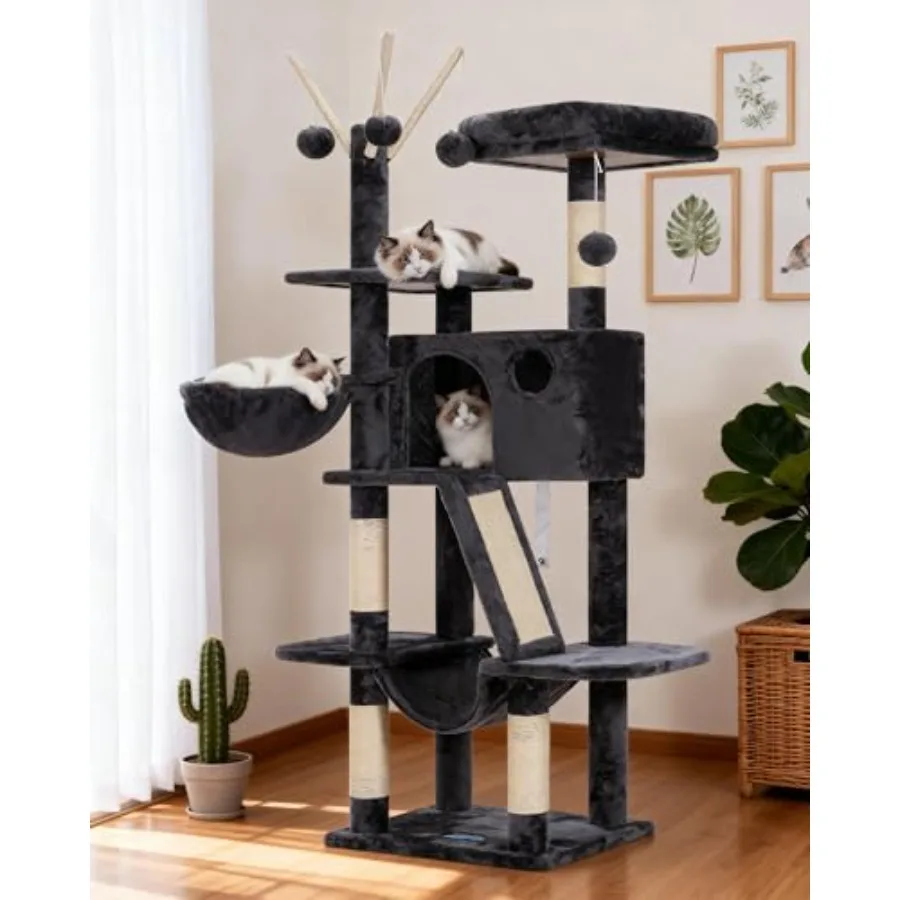 

Cat Tree 53 inch for indoor cats engineered wood with gray fabric and sisal padded platform bed toy balls large cozy condo hamm