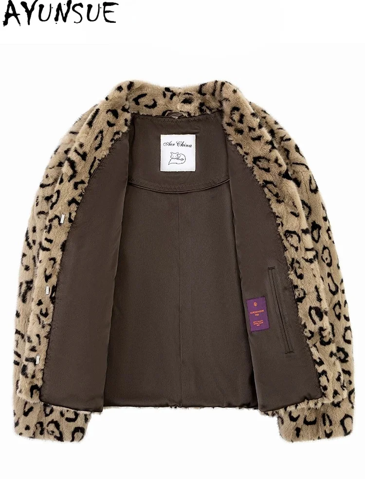 AYUNSUE 100% Mink Real Fur Coat Winter Jacket Women Clothing Fashion Women Coats Patchwork Mink Leopard Print Пальто Женское