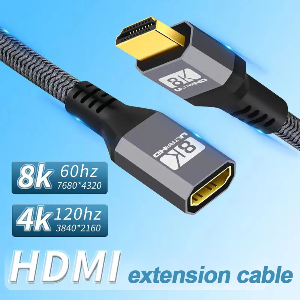 كابل توسيع HDMI 8K 4K، كابل HDMI 2.1 ذكر إلى أنثى، جديلة نايلون 0.3M-1.5M، 8K@60 هرتز 4K@120 هرتز 48 جيجابت في الثانية لأجهزة الكمبيوتر والتلفزيون
