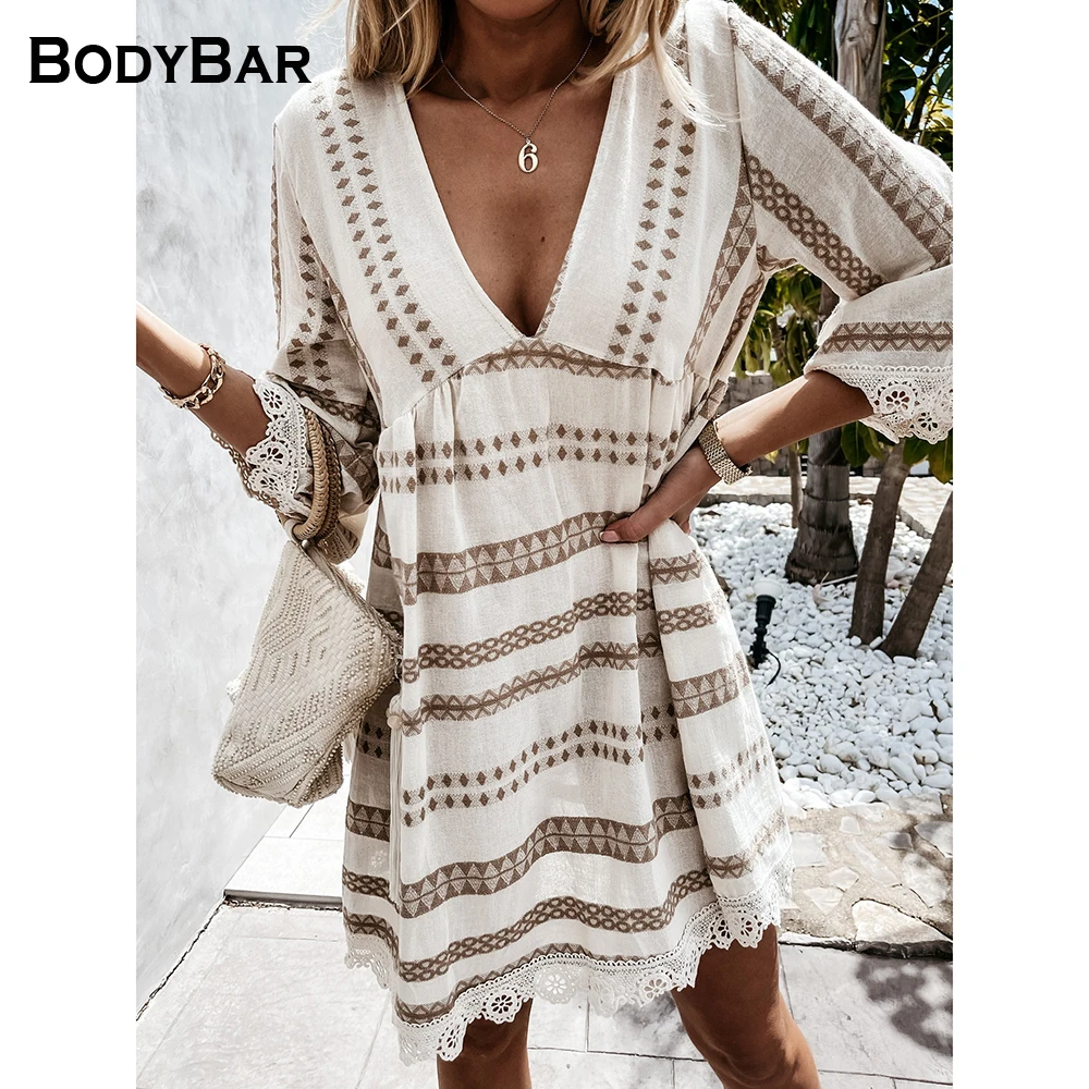 

Vintage Loose Half Sleeve Spring A-Line Party Dresses Sexy V Neck Stripe Printed Summer Mini Dress Casual Mini Beach Vestido 2XL