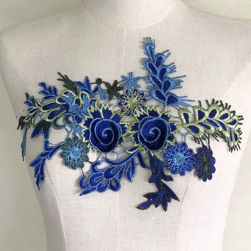 1PCS Blue embroidered fabric patch with three-dimensional floral patches Large Hanbok dress skirt decoration accessories