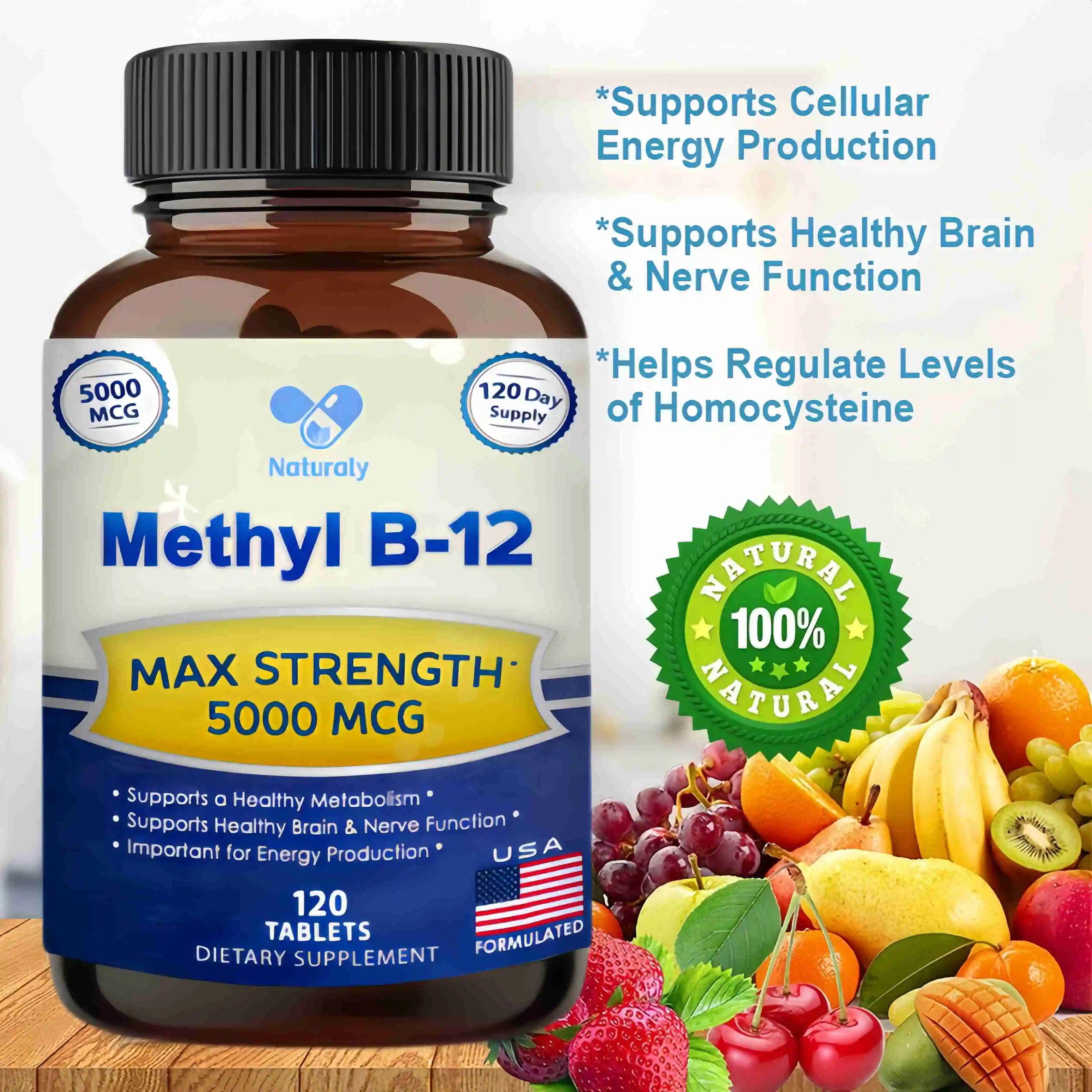 Vitamin B12 - 5000 MCG Supplement -Benefits Brain & Heart Function, Supports Memory, Learning, Helps Boost Natural Energy