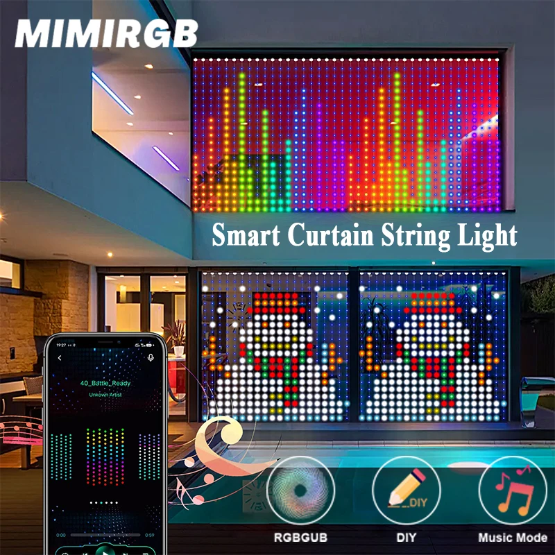 Cortina de luces RGB con Control por Bluetooth, pantalla inteligente de texto con imagen, para ventana, dormitorio, decoración de Navidad al aire libre, 2 piezas