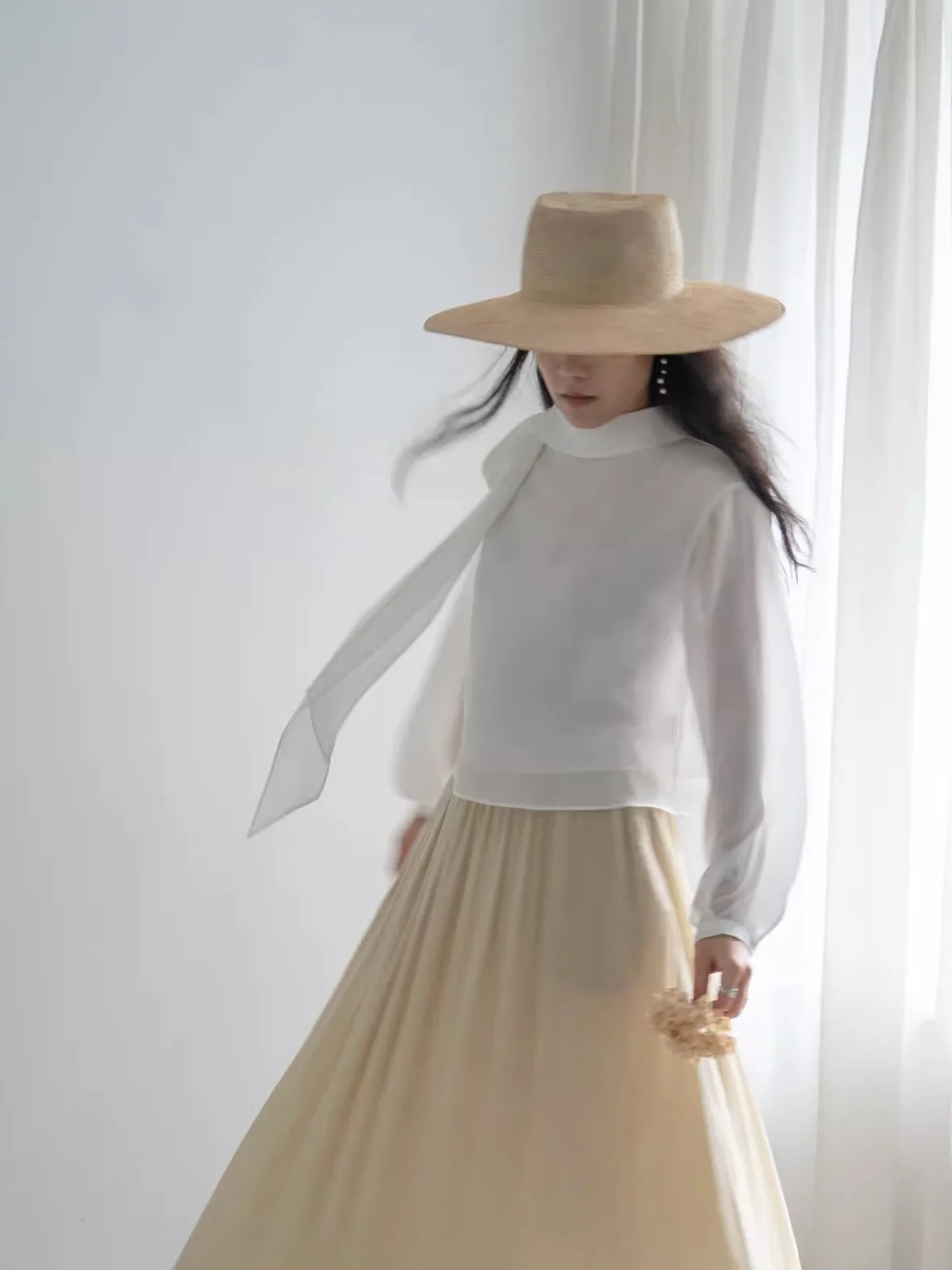 

Шелковый женский топ с длинными рукавами, двухслойный, из струящегося шелка, приталенный, для повседневной носки, винтажный, прямого кроя, с завышенной талией