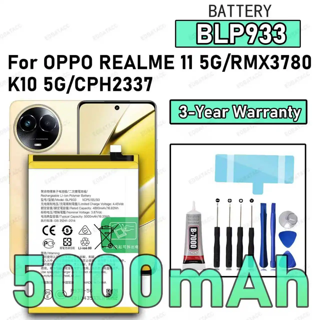 

100% New Zero Cycle BLP933 Battery For OPPO Realme 11 5G/RMX3780/K10 5G/CPH2337 Replacement Bateria+Free Tools
