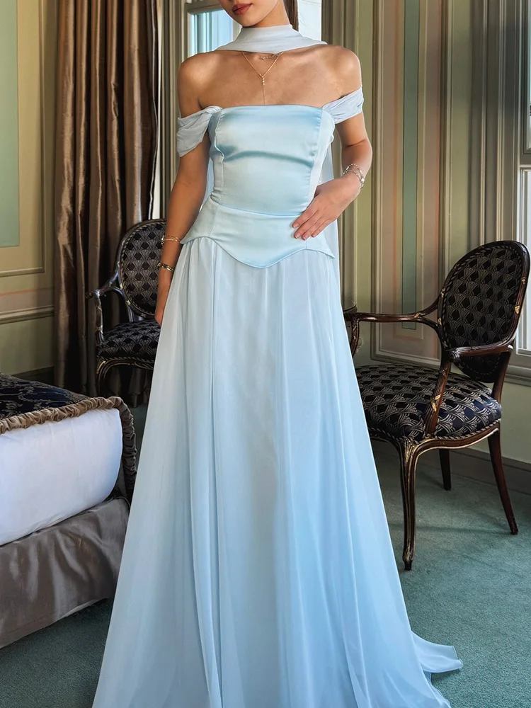 セクシーな背中見せリボン付きレディースドレス フレンチスタイル エレガントなサテンとメッシュの組み合わせドレス エレガントなチューブトップ ノースリーブ プリーツ入りイブニングドレス