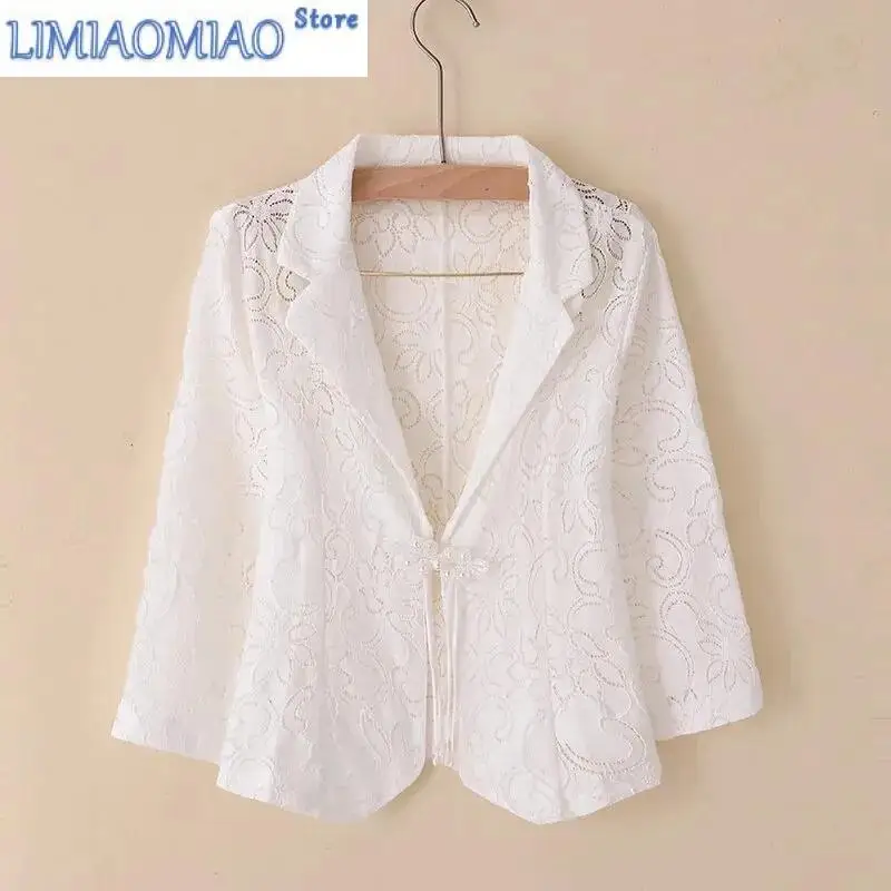 Women Blazer Jacket Spring Summer Thin Cardigan Sun Protection Clothing Hollow Lace Three-quarter Sleeve Suit Top Ladies