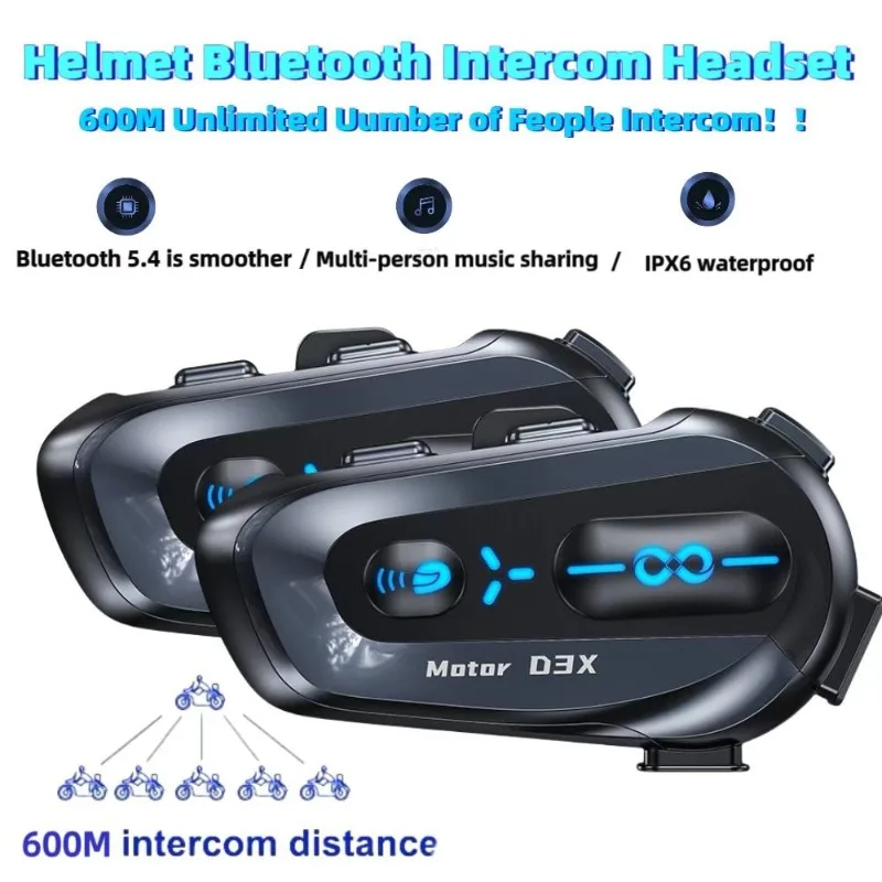 2024 New Motorcycle Helmet D3X Bluetooth Wireless Intercom 600M Multi-person Communication Noise Reduction Waterproof Earphones