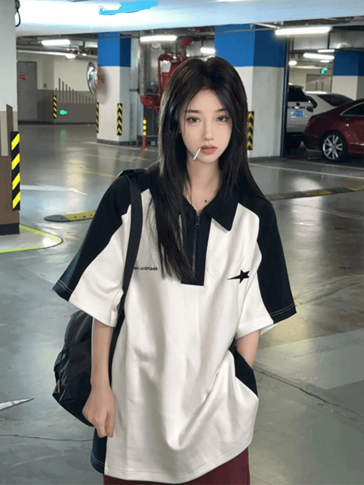 

Black White Color Block Shirt Short Sleeve Zipper Collar Loose Fit Summer Youth Fashion Cotton Polyester Blend T-Shirt