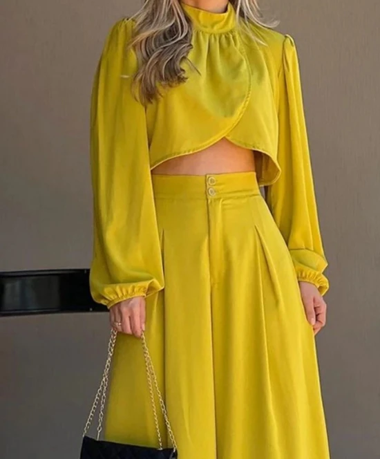 Yellow Half High Collar Irregular Lantern Long Sleeved Top, High Waist Wide Leg Pants, Summer Temperament Commuting Pants Set