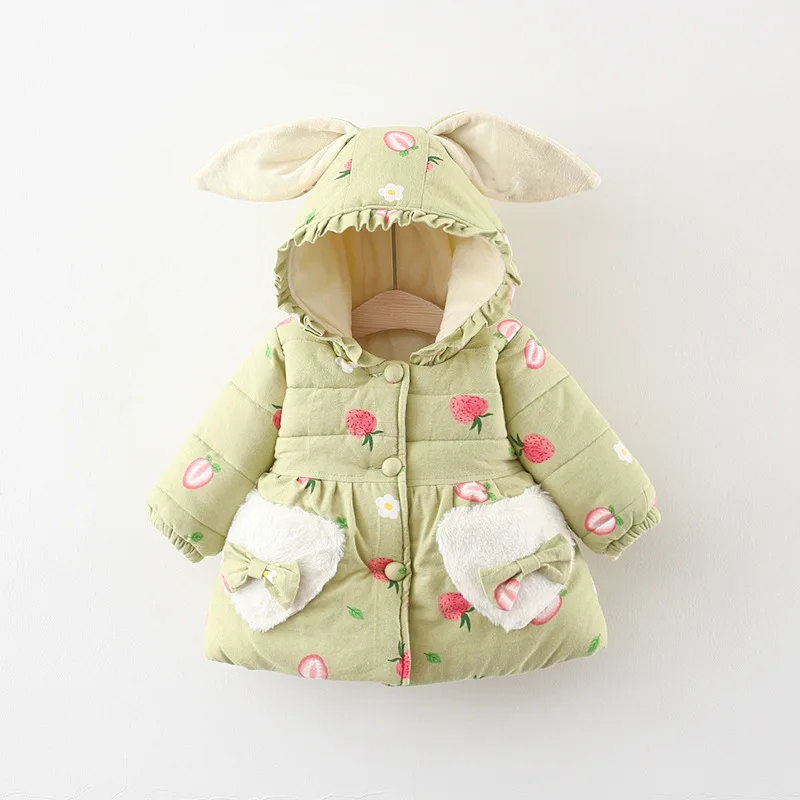 Winter Girls\' Cotton Jacket New Cute Children\'s Clothing Solid Color Strawberry Print Girls\' Cotton Jacket Rabbit Ear Hooded