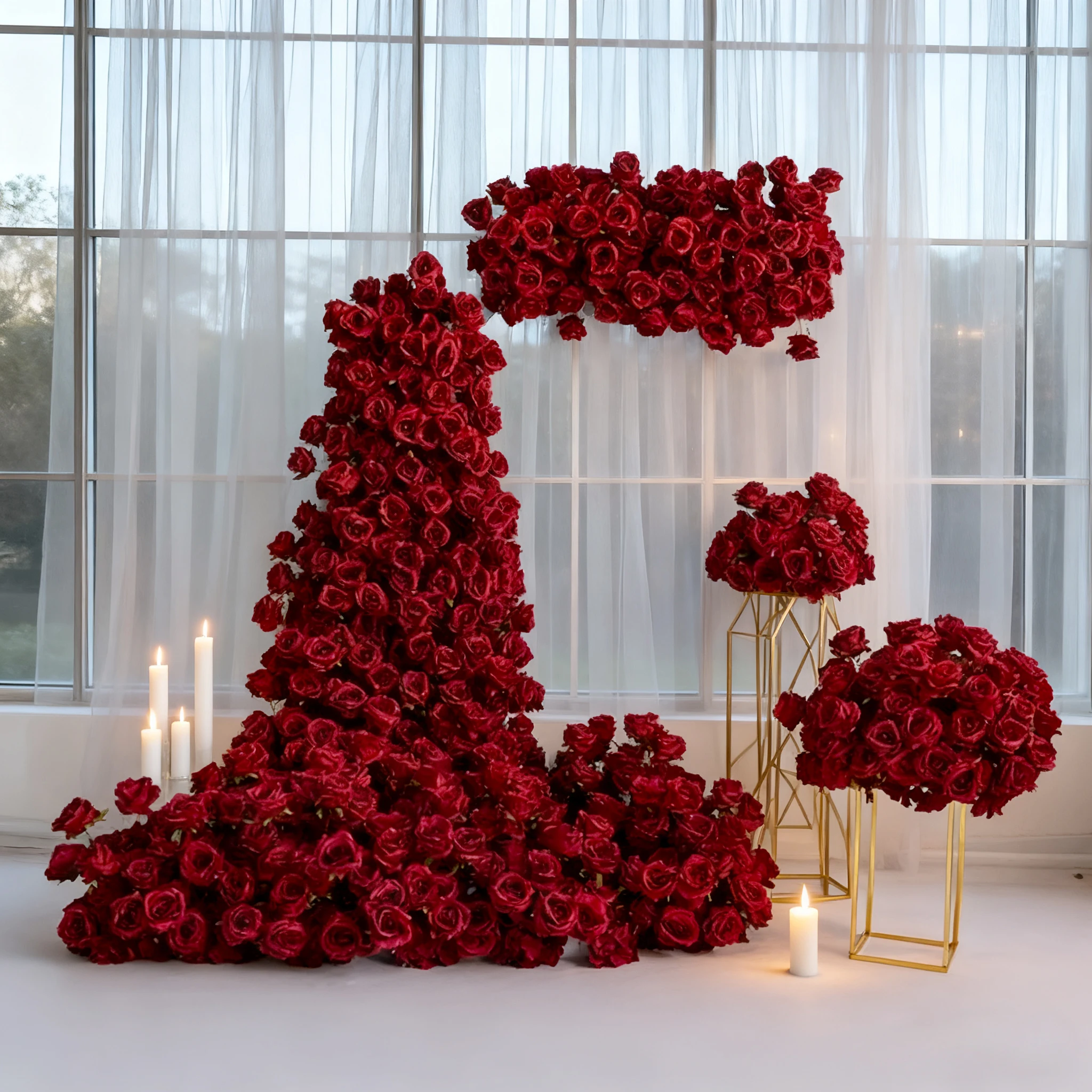 

Red Series Wall Hanging Decoration Flower Ball Floral Runner Waterfall Flower Arrangement For Wedding Mall Store Wall Decor