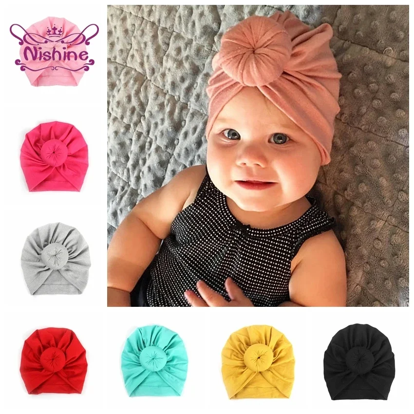 1PCS Baby Turban Hat Knot Flower Children Hats Cotton Blend Newborn Beanie Caps Kids Headwear Photo Props Shower Gifts