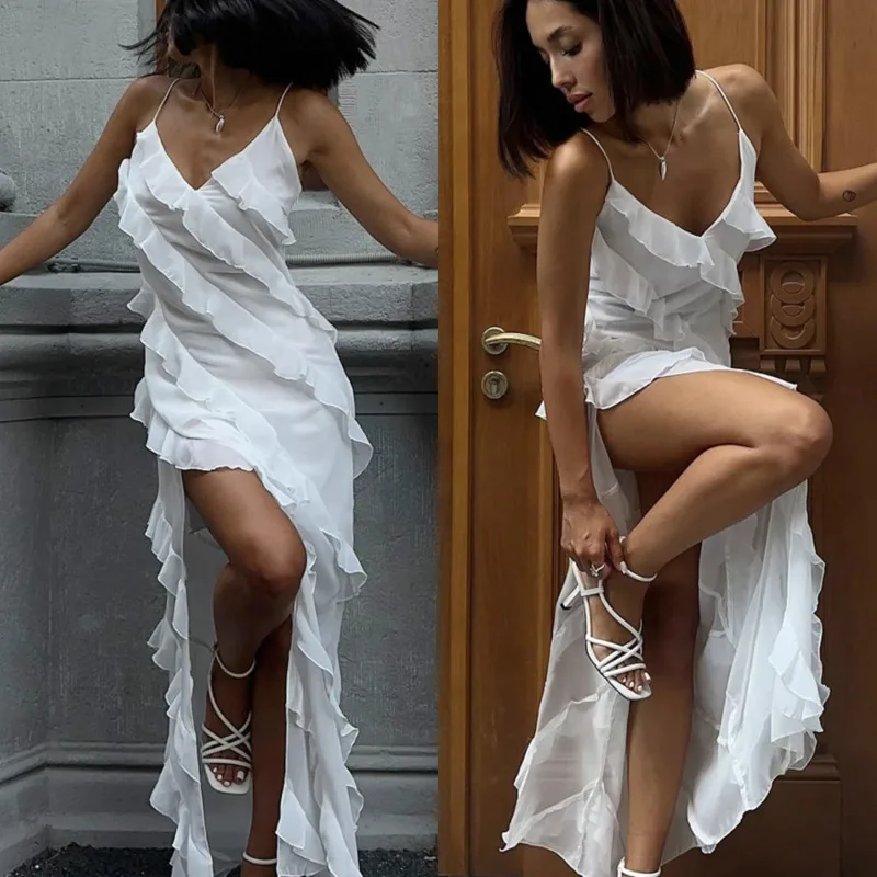 

Elegant Patchwork Layered Ruffle Edge Thin Shoulder Strap Dress Sexy V-neck Slit Jumpsuit Dress Summer Fashion Women's Dresses