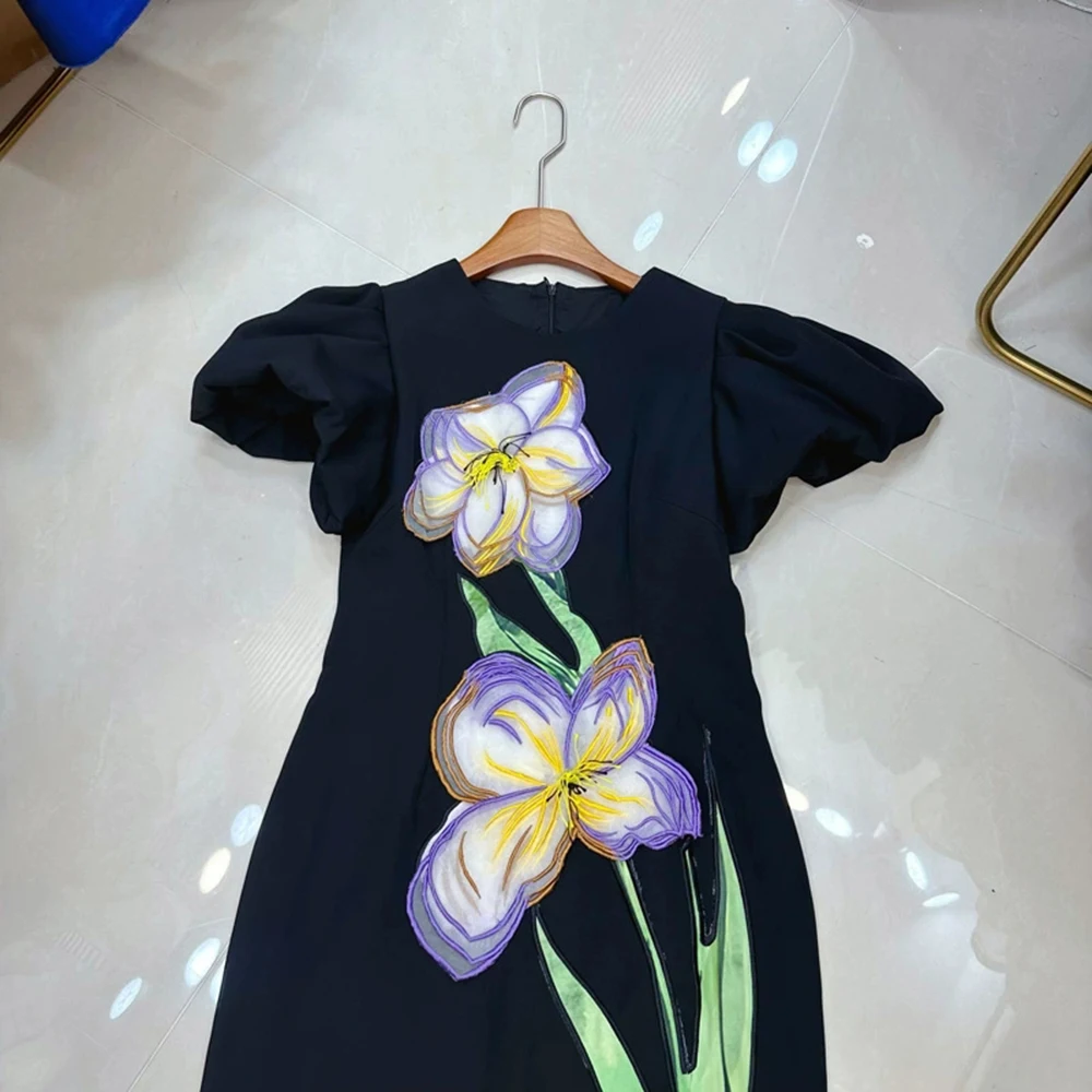 Verano cuello redondo letra negra falda larga a la cadera diseño retro flor tridimensional vestido de manga abombada-GZXX307