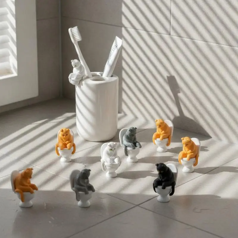 Funny Sitting On Toilet Seated Posture Kitten Figurines Micro Landscape Ornament Home Desktop Office Decoration