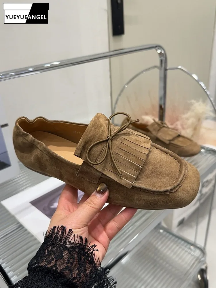 Women Casual Flat Shoes Vintage Genuine Leather Loafers Tassel Bowknot Round Toe Suede Cowskin Office Ladies Comfortable Shoes