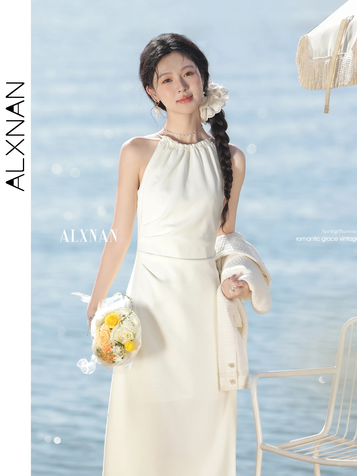 ALXNAN Apricot Long Women's Suspenders Dresses 2025 Spring New Solid Holiday Beach Elegant Dress Folds Waist Slim Dresses L52927