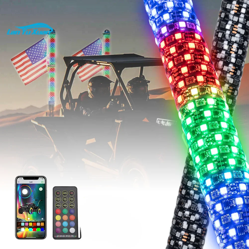 

APP And Remote Control Antenas Led Para RZR 2FT Music Flexible RGB Spiral Antena LED Off Road LED Lights Whip With Flag Pole