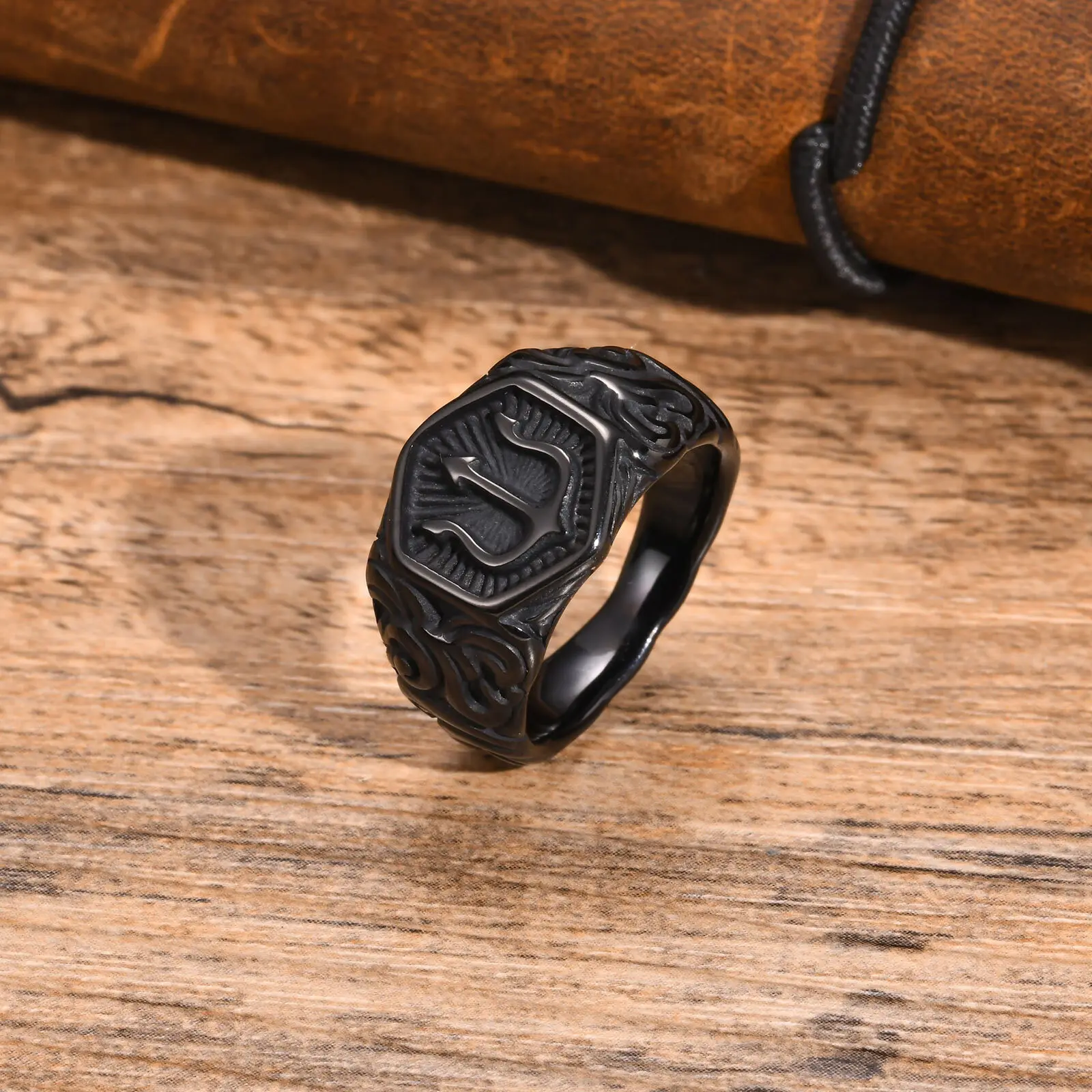 

Trident Signet Ring for Men Boys,Black Stainless Steel Stamp Ring Thumb Ring,Rock Punk Jewelry