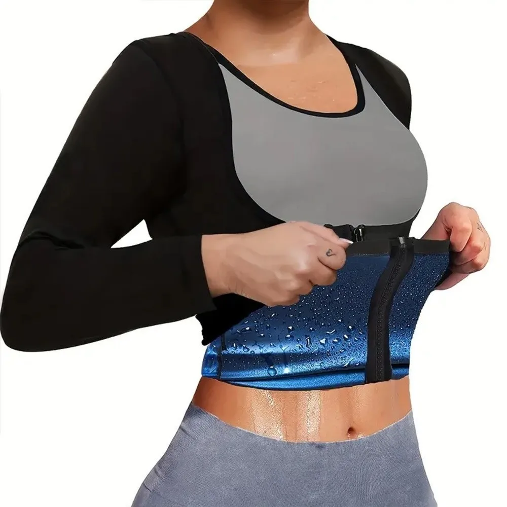 

Long Sleeve Sauna Suit Shirt Hot Polymer Zipper Design Body Shaper Fat Burning Compression Fit Waist Trainer Vest Women