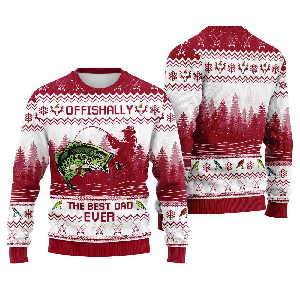 Offishally The Best Dad Ever Fishing Print (Bass  Angler) Winter Ugly Hoodie Women's Casual Pullover Harajuku Festive Streetwear