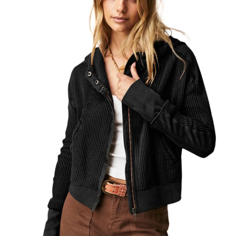 

Jacket Women Autumn Winter Street Style Hooded Solid Color Jacket Zipper Long-sleeved Hoodie Short Section Knitwear Outerwears