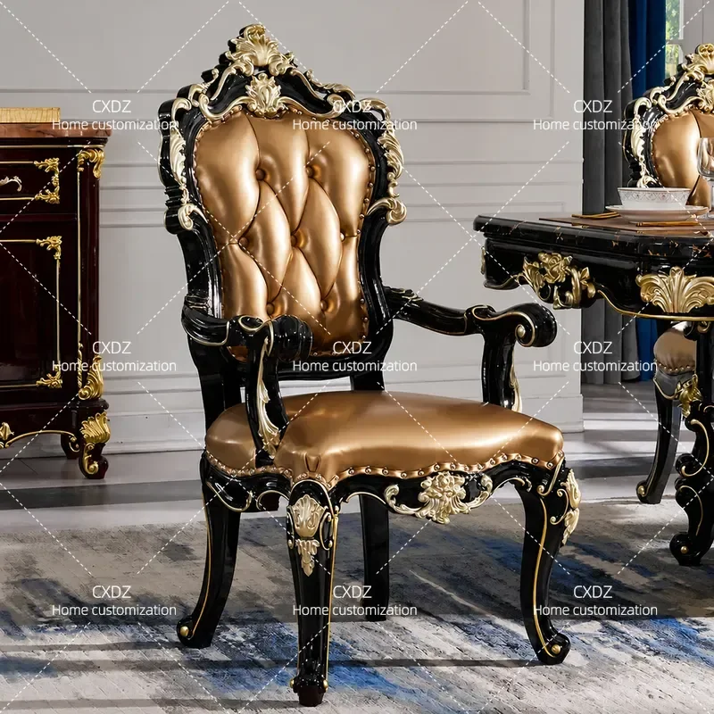 European Style Black Sandalwood Dining Chair Full Solid Wood Carved Floral Armrest Desk Chair with Backrest Leisure Seating