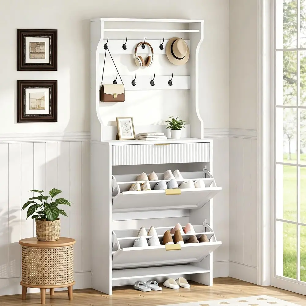 

White Tall Narrow Shoe Cabinet with Coat Hooks and Storage for Entryway