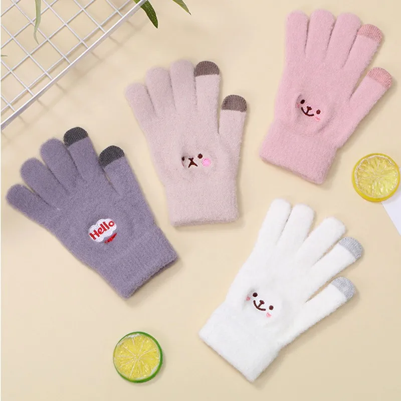 Winter Warm Funny Thickened Touchscreen Gloves with Embroidered Cute Cartoon Smiling Face for Women