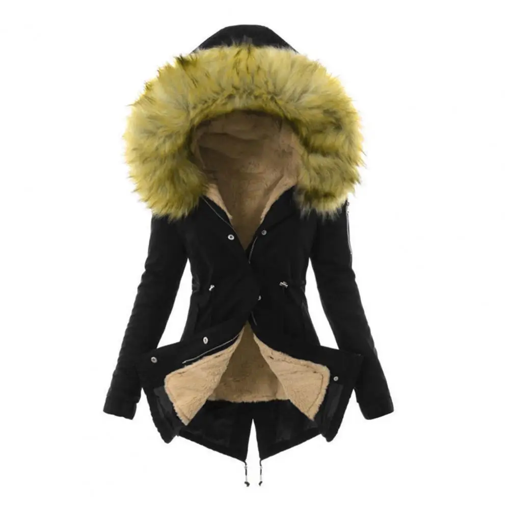 Women Cotton Blend Jacket Windproof Winter Down Coat with Furry Hood Pockets Zipper Closure for Weather