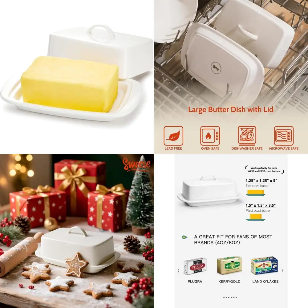 

large butter dish with lid for countertop, porcelain 8oz butter keeper with handle cover design, 7.7 inch butter container perf