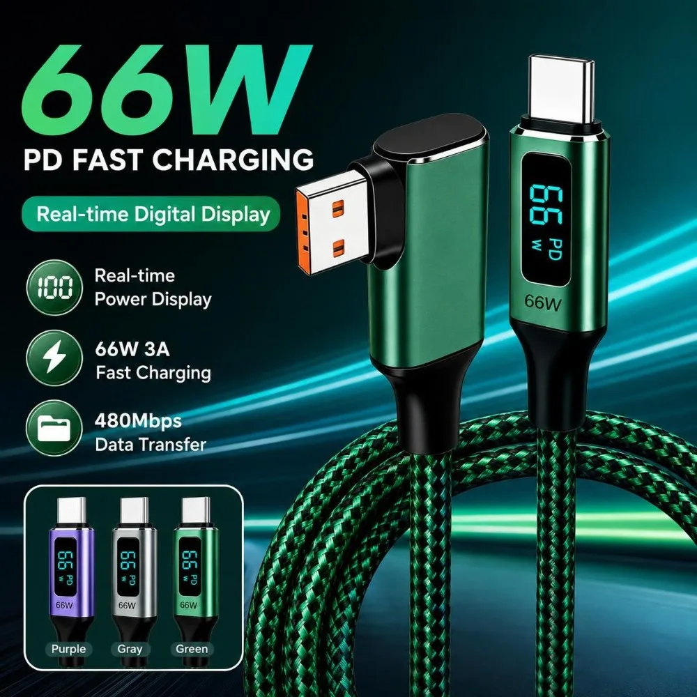 66W Fast Charging USB-A to USB-C Cable Right Angle Real-Time Display Right Angle Charging Cord Data Transfer Nylon Braided