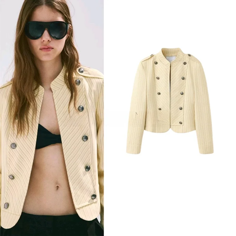 Chaqueta de Verano para Mujer, Estilo Marinero, Cuello Alto, Manga Larga, Rayas en los Hombros, Doble Botonadura, Estilo Casual, Fibra de Poliéster