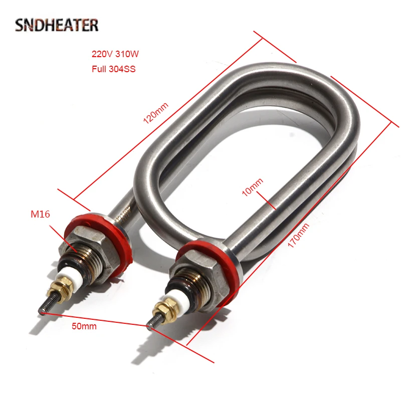 SNDHEATER 220V U Shape Water Heating Element 310W M16 Thread Stainless Steel Heater Spare Parts for Water Bucket 170MM*50MM