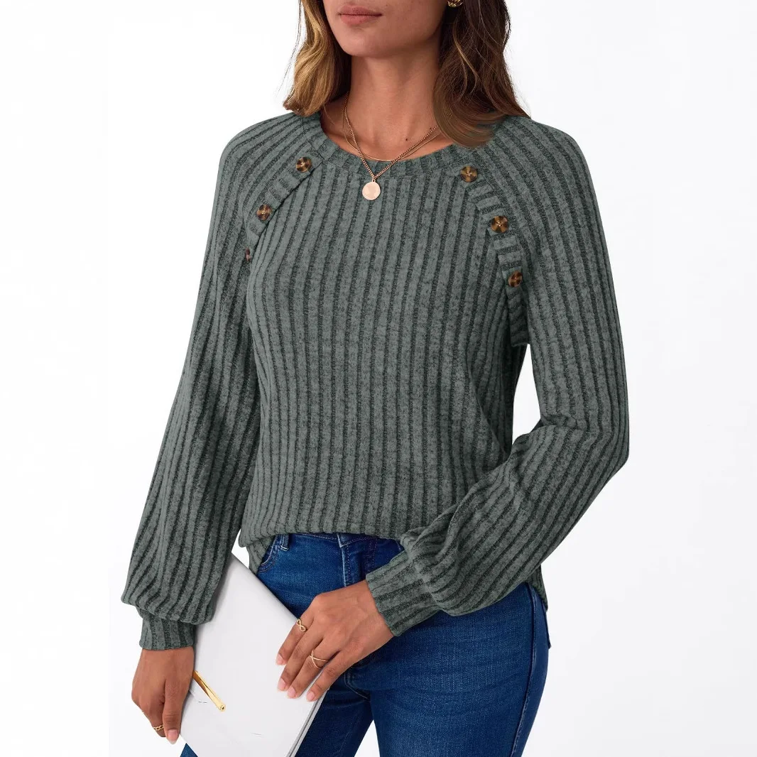 

New Autumn Winter Women Versatile Patchwork T-shirt Sweatshirt Bottoming Shirt Round Neck Button Decoration Solid Color Pullover