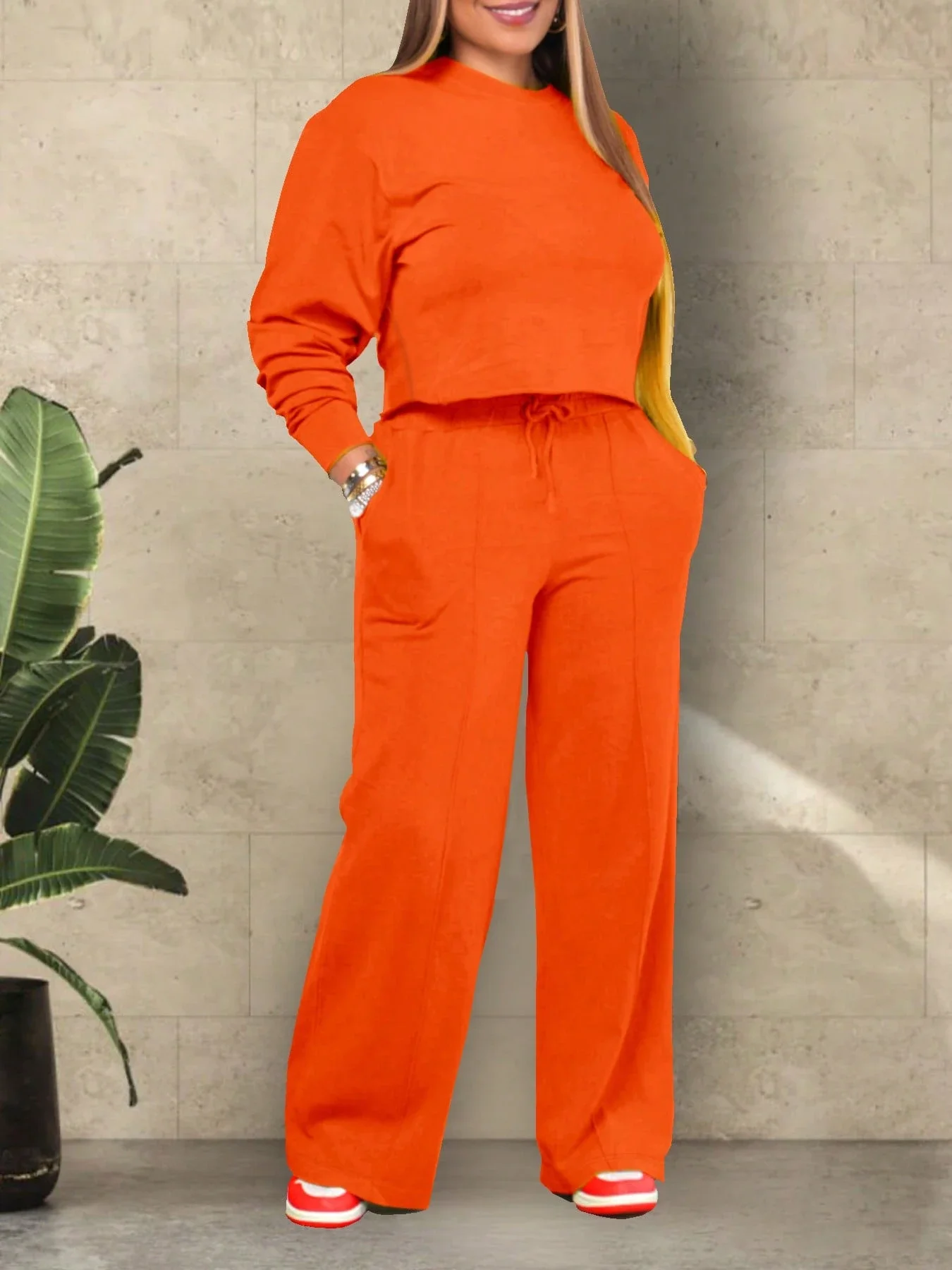 

Casual Solid Color 2 Piece Set Women's Cropped Top And Wide Leg Pants