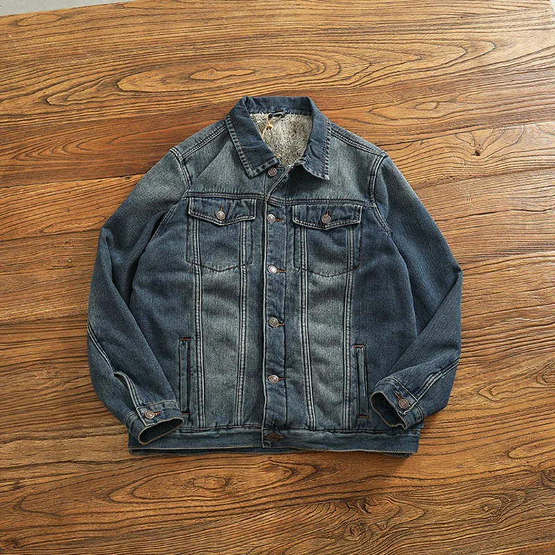 American Retro Fleece-Lined Denim Jacket Winter Casual Fashion Loose Men Thick Washed Lapel Single Breasted Sherpa-Lined Coat