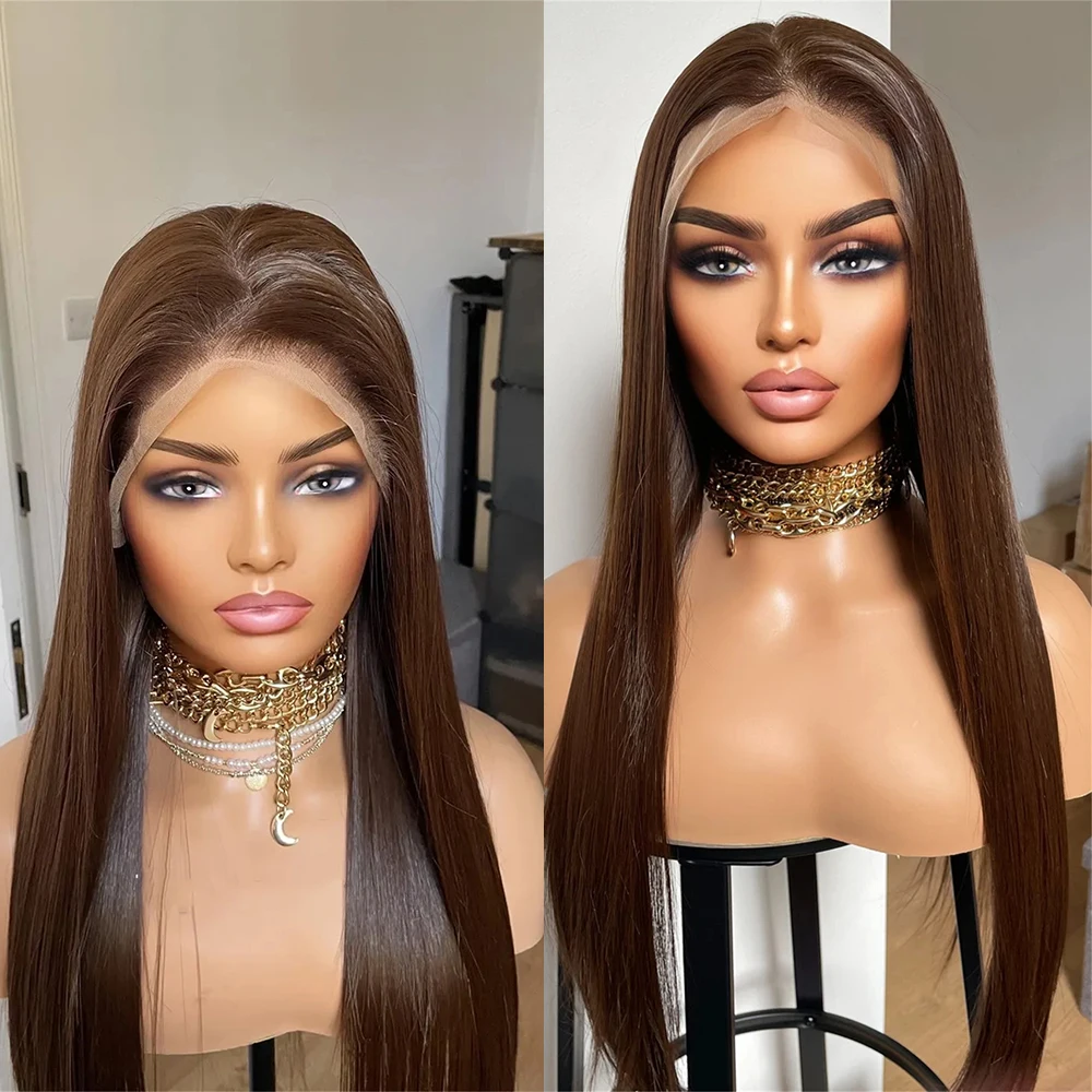 Dark Brown Straight Synthetic Wig Brunettes Natural Looking Wig Realistic Hairline 13x4 Lace Wig For Women Heat Friendly Wigs