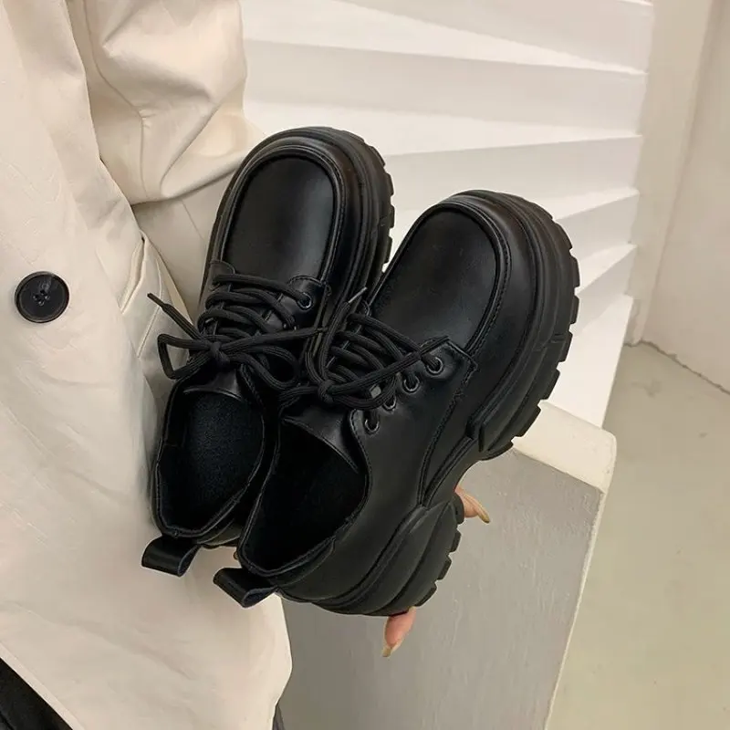 Ladies Fashion All-match Leather Shoe Summer Spring Classic Black Thick-soled Casual Women Shoe Retro College Style Shoe England