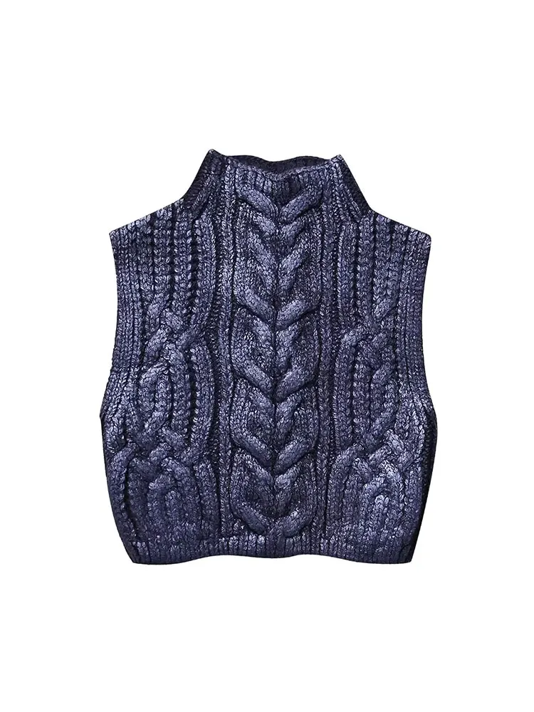 TRAF 2024 Autumn Winter Cropped Knitted Sweater Vests For Women Knit Sleeveless Vest Woman Short Waistcoat Women Pullovers Top