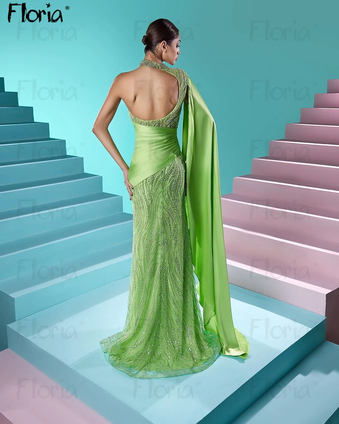 Floria Light Green Elegant Cape Sleeve Long Evening Dress Beads Backless Formal Celebrity Gown Couture Vestido De Noiva Custom