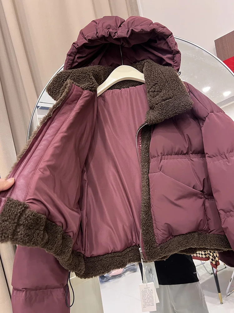 2025, neue Lamm-Daunenjacke für Damen, kurzer Stil, koreanische Ausgabe, Kapuzenpullover, abnehmbar, locker, modisch, vielseitig, weiße Entendaunenmantel