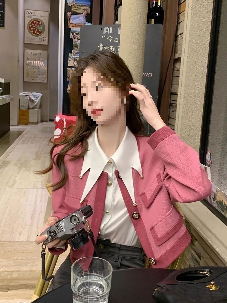 

Tweed Jacket Cream Womens Fall Double-Sided Plaid Colorblock Color-Clashing Contrast Turn-Down Decorative Notched Collar Fabric