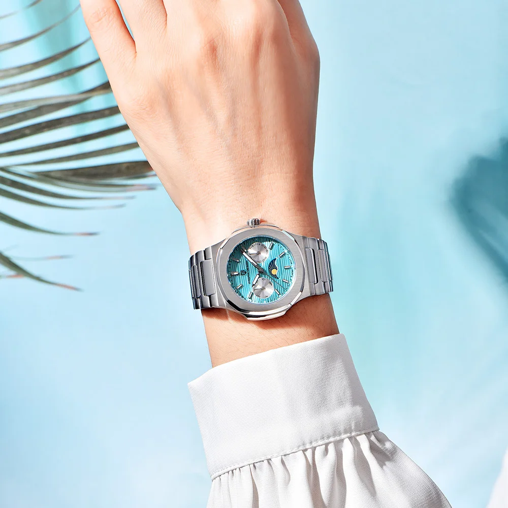 2025 باجاني تصميم ساعة نسائية موضة كوارتز ساعة نسائية متعددة الوظائف كرونوغراف مرحلة القمر ساعة تاريخ أوتوماتيكية صندوق هدايا #4