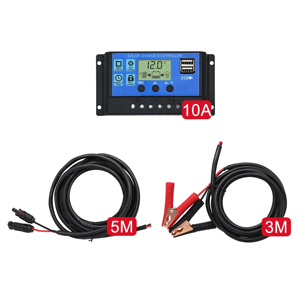 Controlador Solar PWM DOKIO 10A Controlador 20A cargador 30A regulador con conector USB y MC4 y accesorios de Cable para batería de 12V