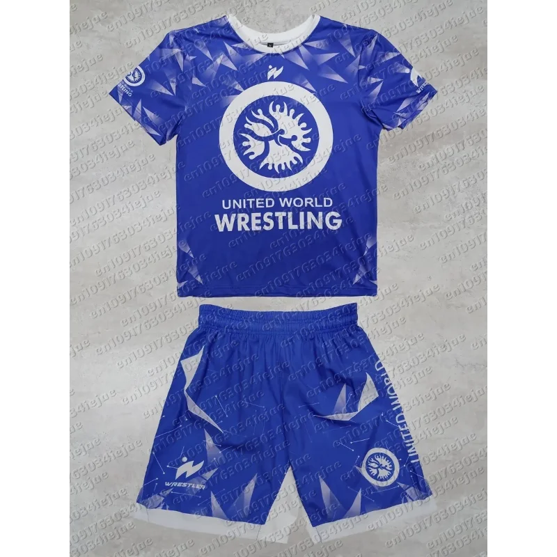 2026 New Summer Men Kid United World Wrestling Sportswear Set Short Sleeve T Shirt and Shorts for MMA Training Lightweight