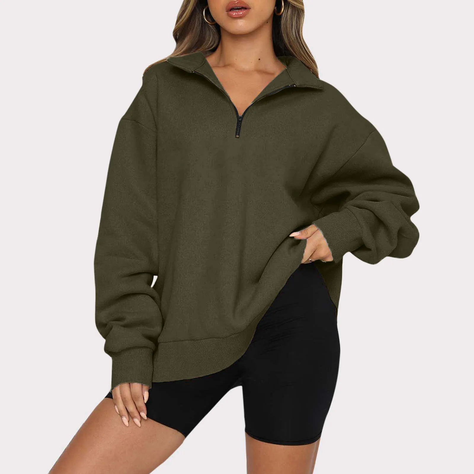 

Autumn Solid Color Sweatshirt Womens Casual Long Sleeve Half Zip Drop Shoulder Quarter 1/4 Zipper Pullover Oversized Tunic Top