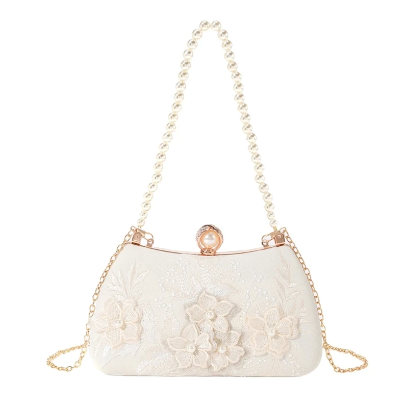 Artisanal White 3D Flower Pearls Handbag Evening Purse Shoulder Crossbody Bag For Dinners And Celebrations