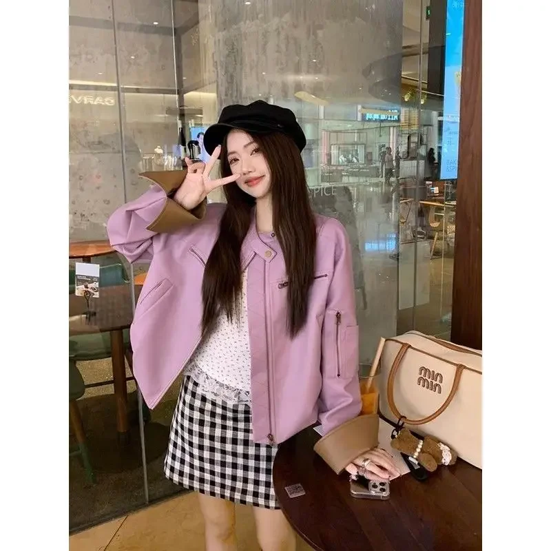 

Fashionable Spicy Girl Long Sleeved Leather Jacket for Women's Spring and Autumn New Style Retro Loose Short Coat Top